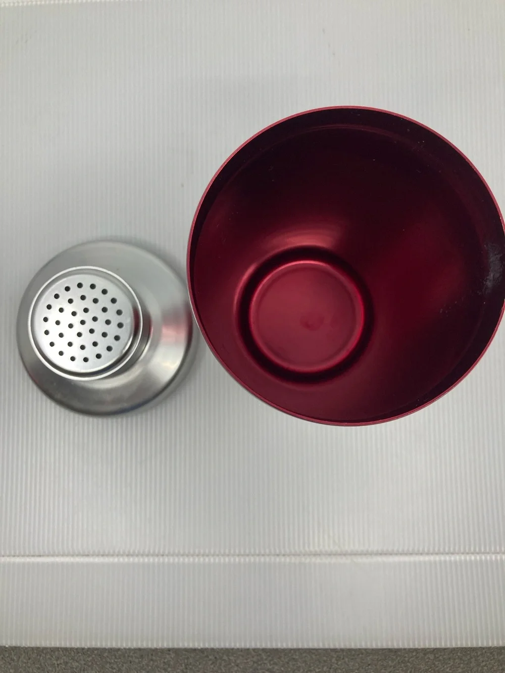 Vintage Mid-Century Red Anodized Aluminum Cocktail Shaker Retro Atomic Barware